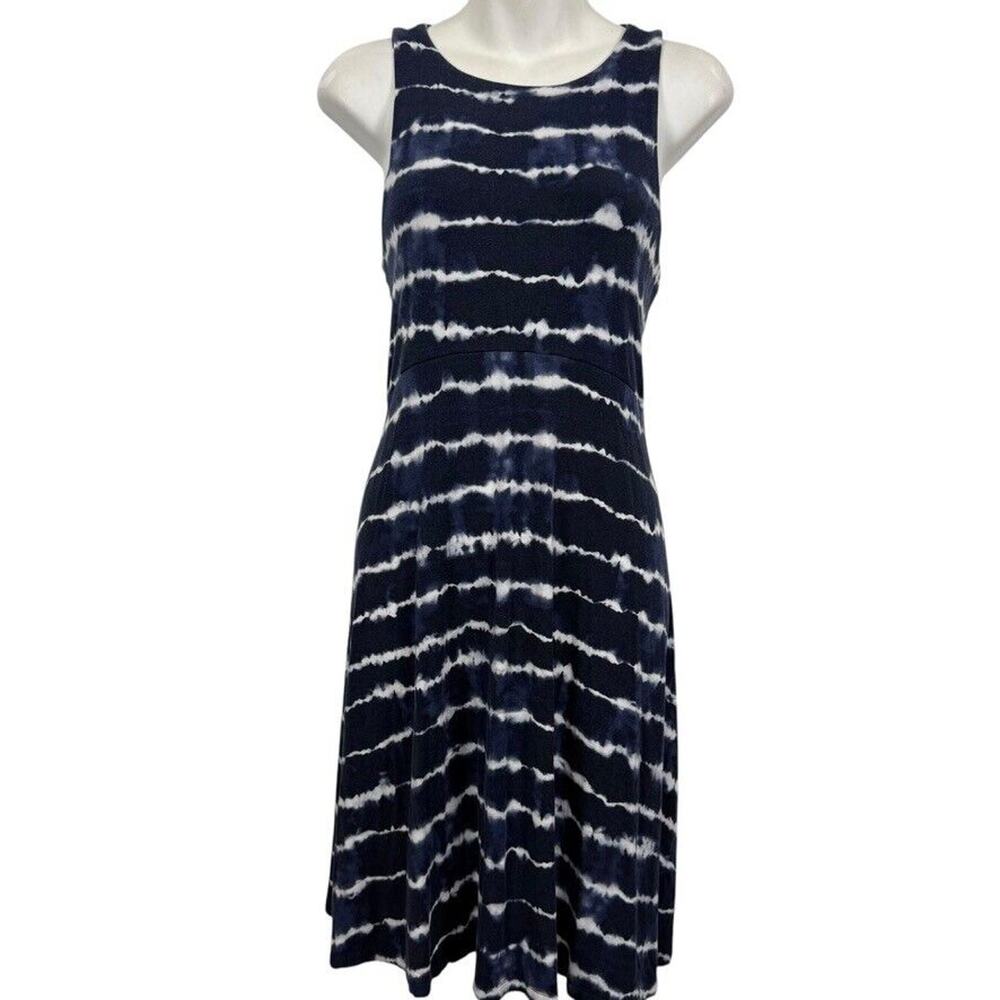 Athleta Womens Tie Dye Navy Sleeveless Stretch Knit Athleisure Dress Knee sz M